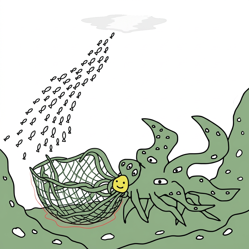 The tide goes out. The net stays where the water turns red.